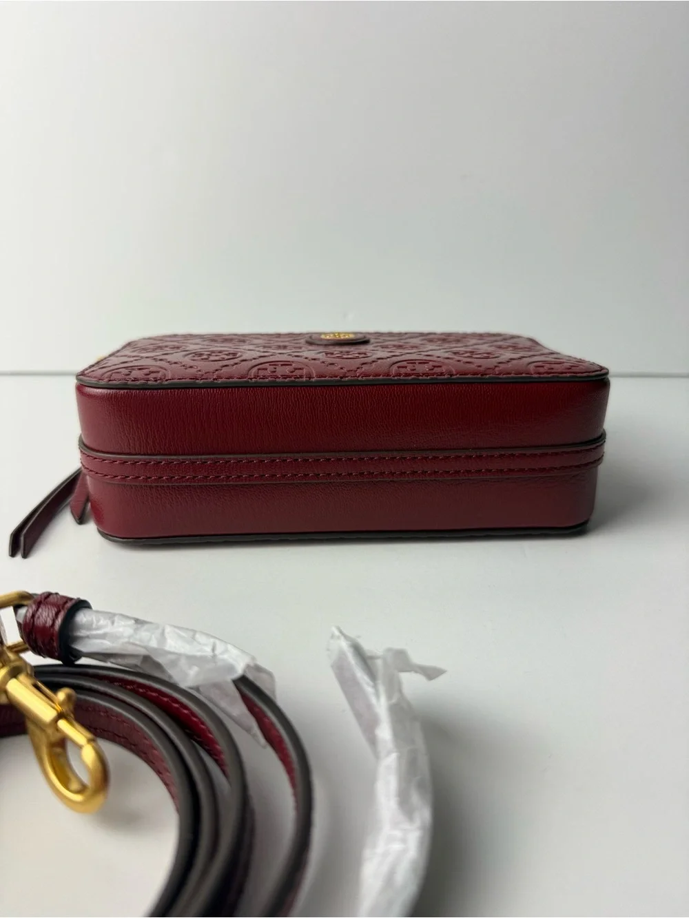 Tory Burch T Monogram Leather Double-Zip Mini Bag Juneberry Red Gold Hardware